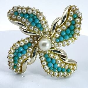 Florenza Elegant Faux Pearl and Turquoise Brooch